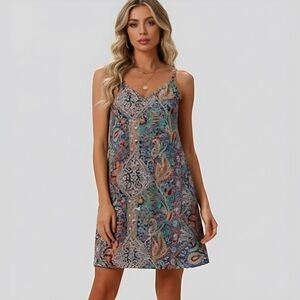 Boho Sexy V-Neck Spaghetti Strap Backless Printed Mini Dress